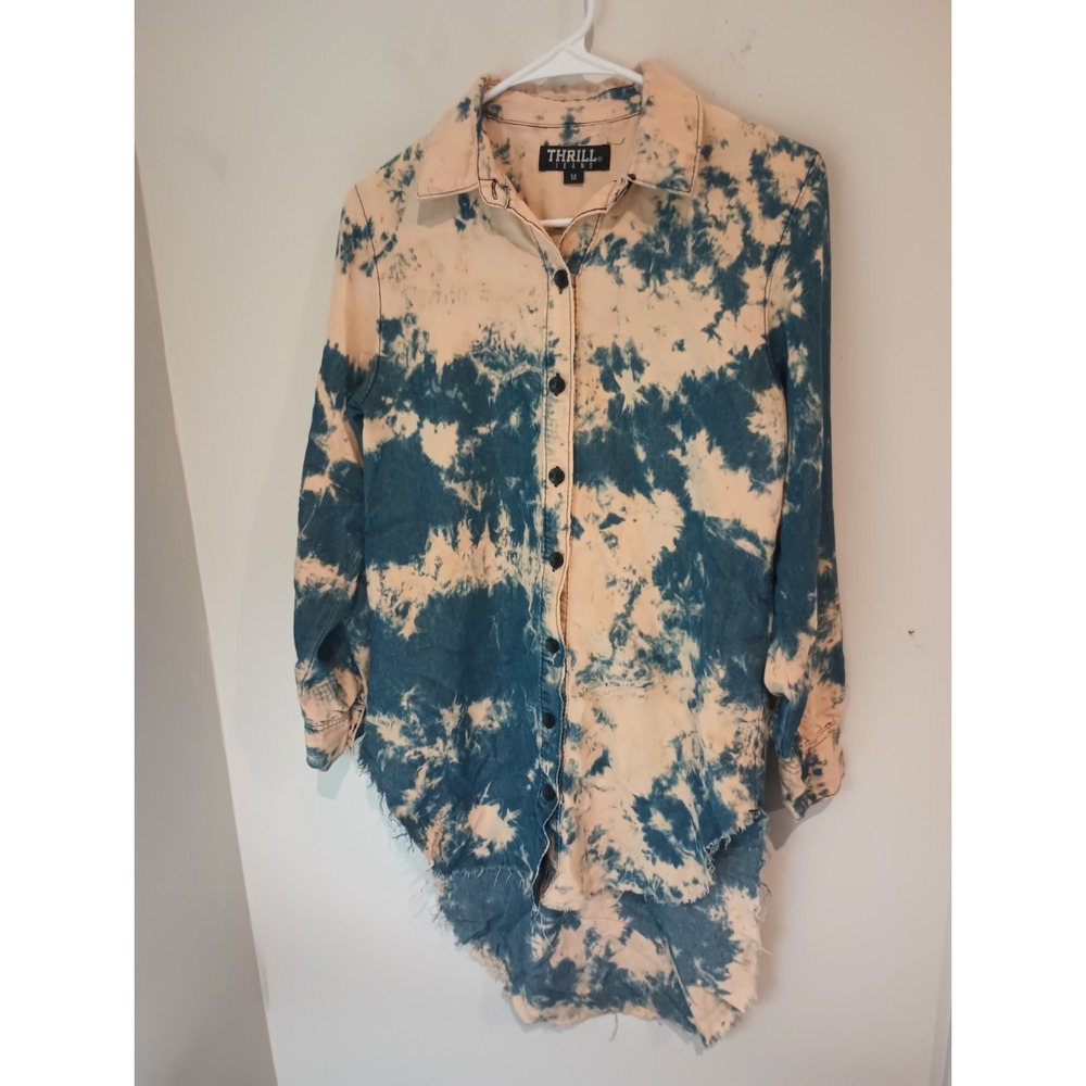 Thrill Jeans Medium Bleached Acid Wash Denim Shirt Dress Boho Grunge Raw Hem...